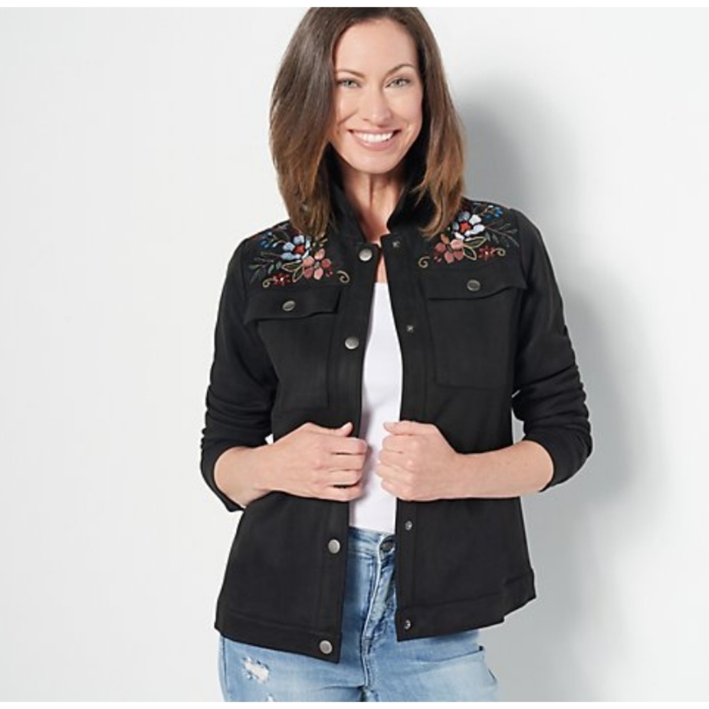 Faux Suede Embroidered Black Jacket S